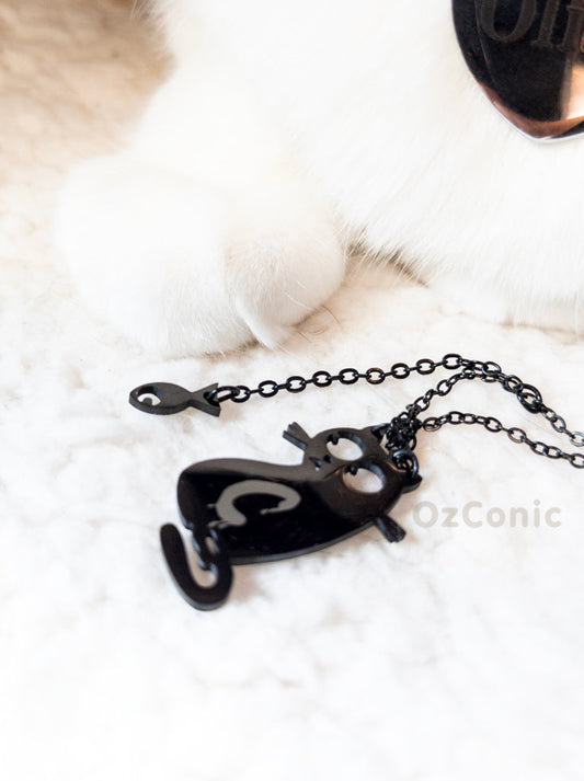 Cute Little Cat Loves To Eat Fish Necklace