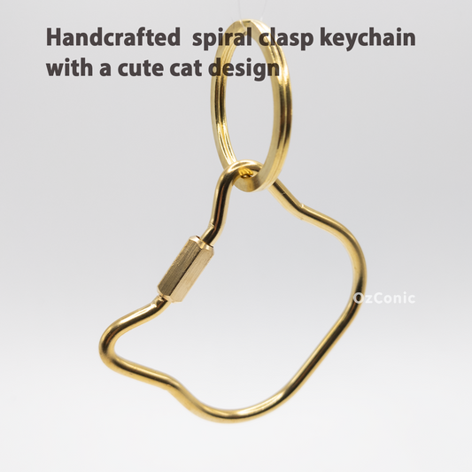 Brass Handcrafted Spiral Clasp Keychain with a Cute Cat Design