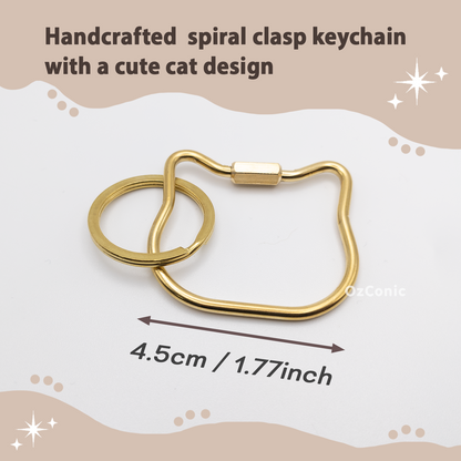 Brass Handcrafted Spiral Clasp Keychain with a Cute Cat Design