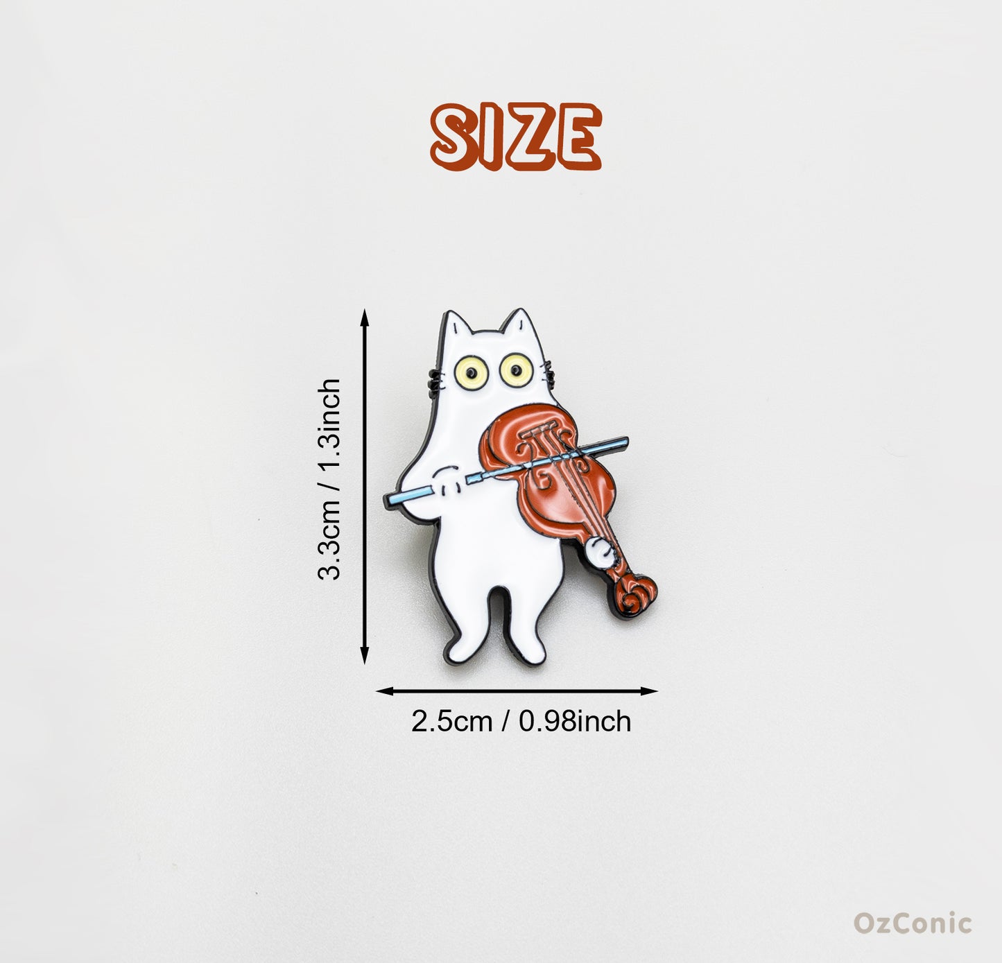 Illustration of a cat playing a violin with size measurements