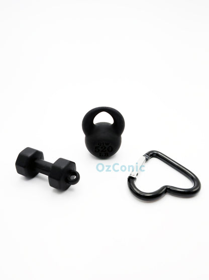Black kettlebell, dumbbell, and heart-shaped keychain