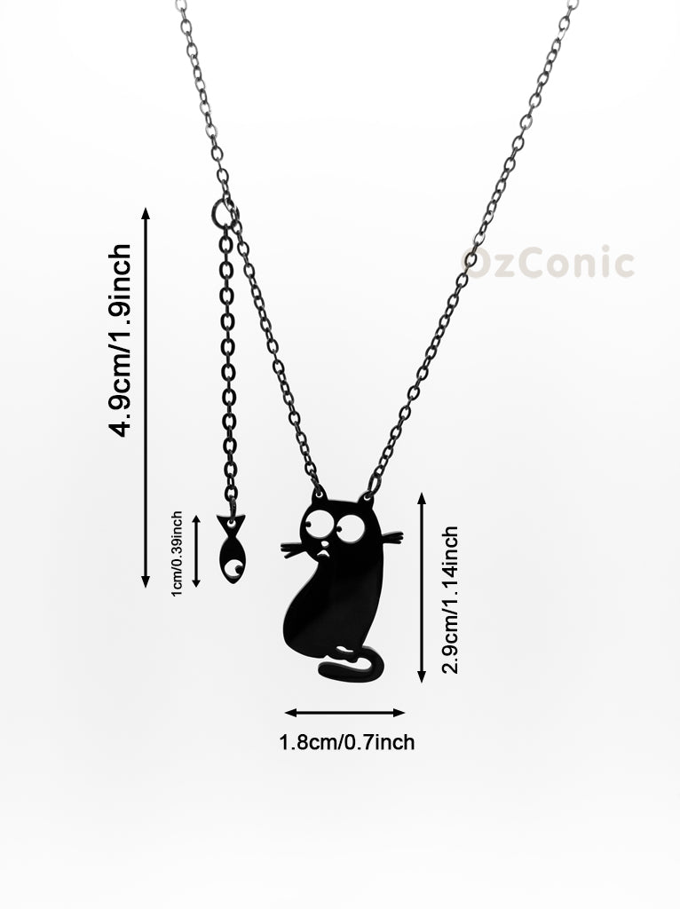 Black cat-shaped pendant necklace with measurements