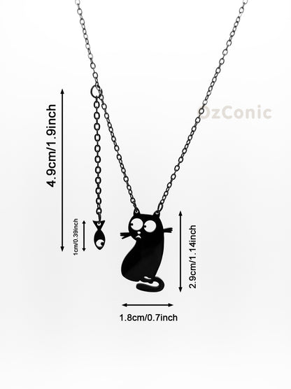 Black cat-shaped pendant necklace with measurements