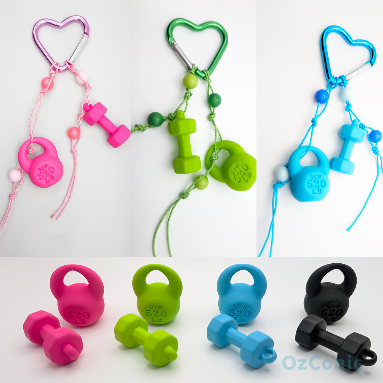 Colorful dumbbell-shaped keychains with heart-shaped carabiners on a white background.