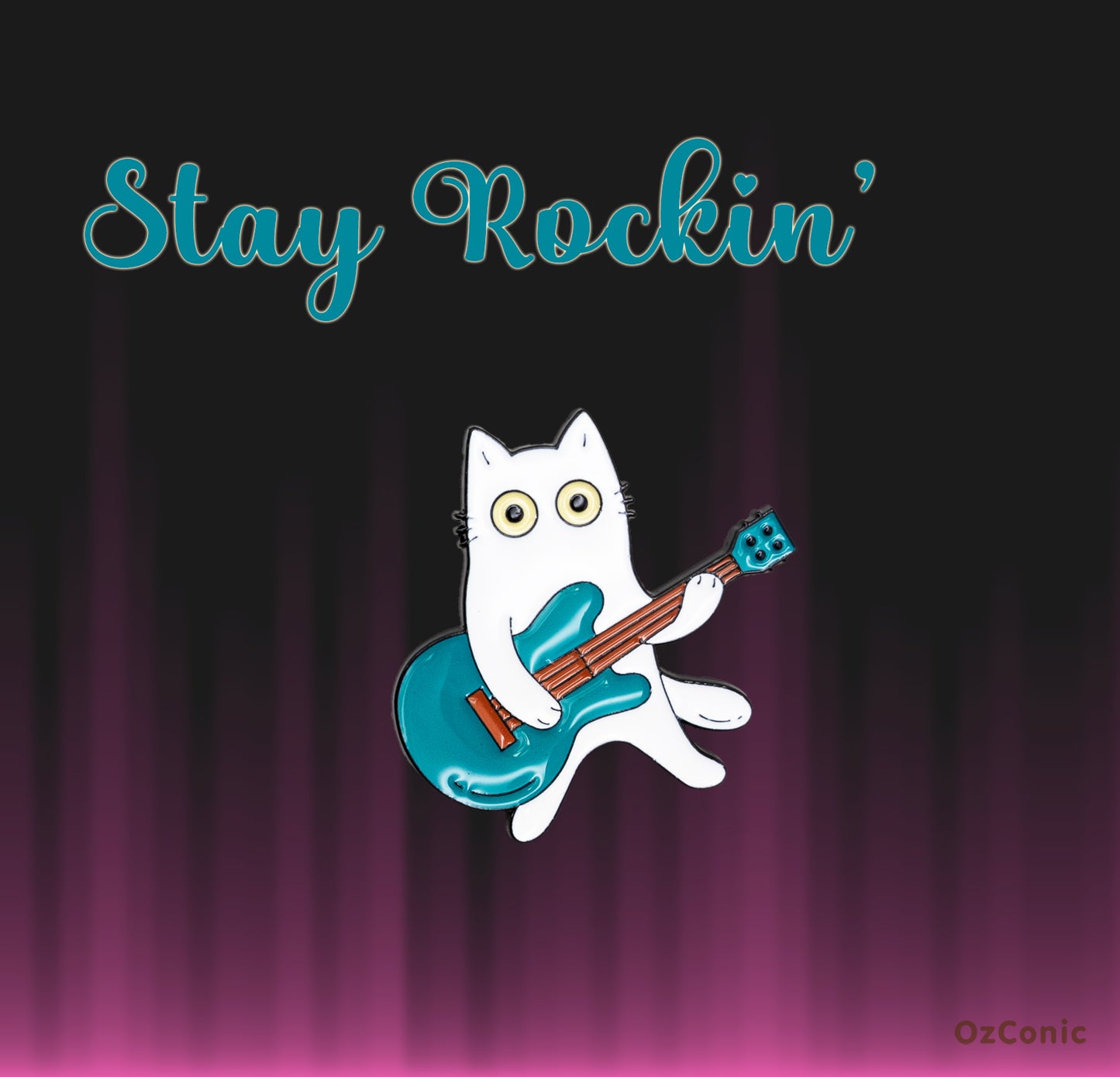 Cartoon cat playing a guitar with 'Stay Rockin' 