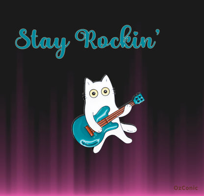 Cartoon cat playing a guitar with 'Stay Rockin' 