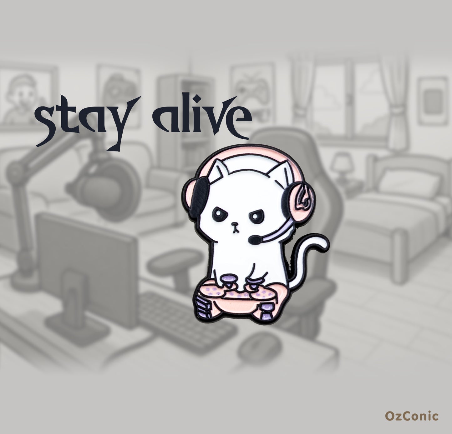 Cartoon cat with headphones and gaming controller in a room with 'stay alive' text