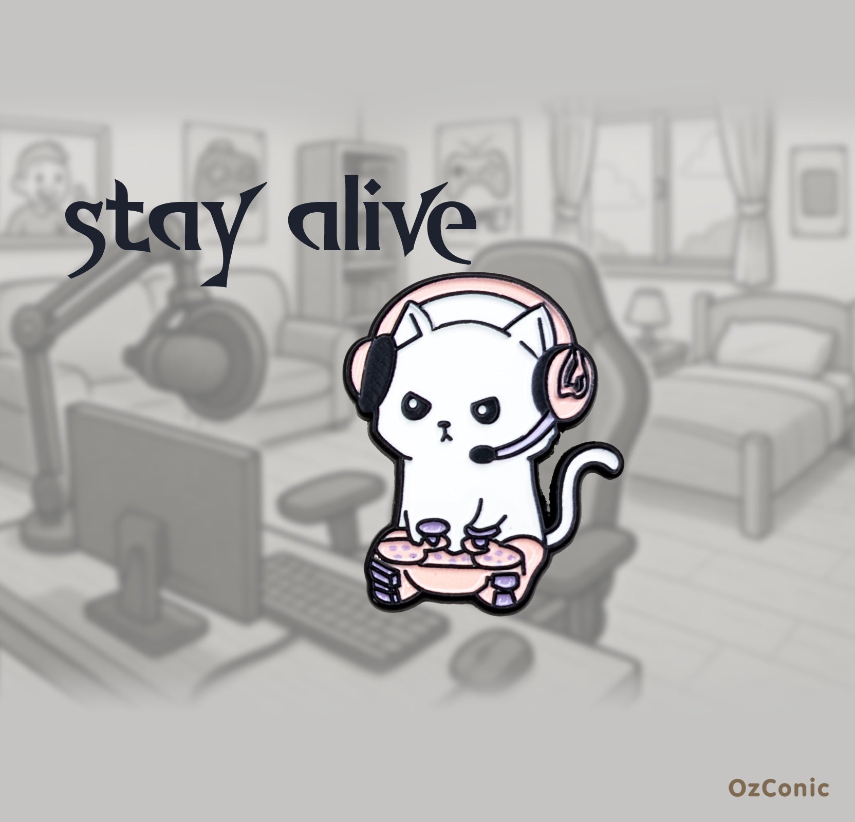 Cartoon cat with headphones and gaming controller in a room with 'stay alive' text