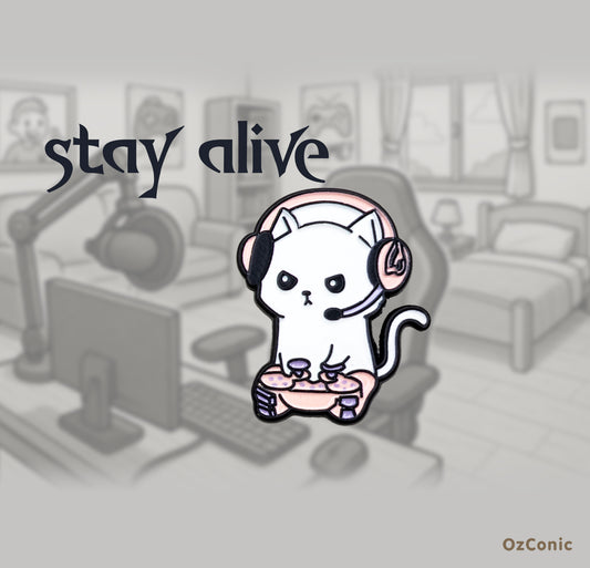 Cartoon cat with headphones and gaming controller in a room with 'stay alive' text