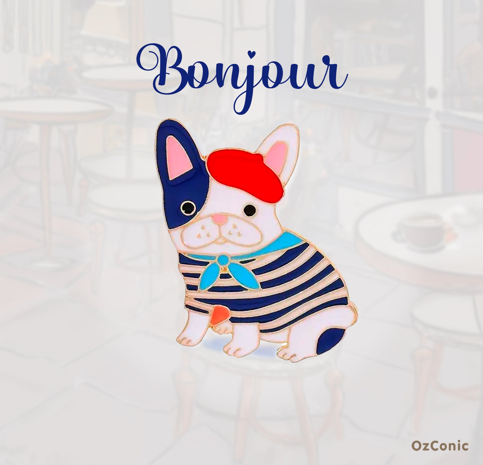 Cartoon dog in French Bulldog costume with 'Bonjour'