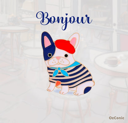 Cartoon dog in French Bulldog costume with 'Bonjour'