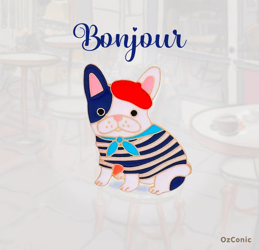 Cartoon dog in French Bulldog costume with 'Bonjour'