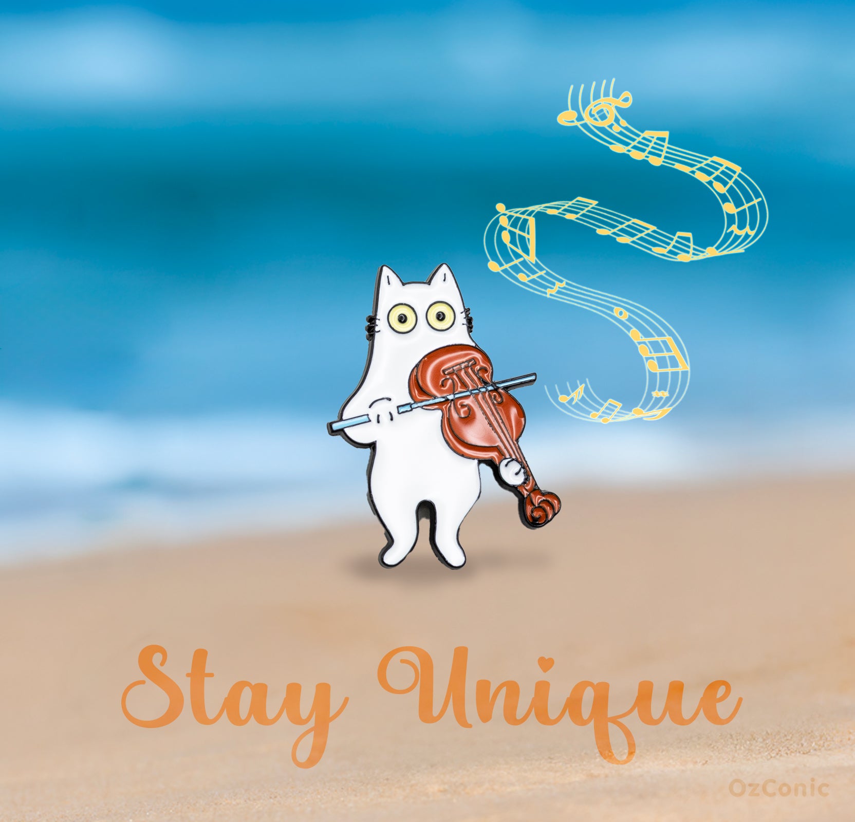 Cartoon cat playing violin with musical notes