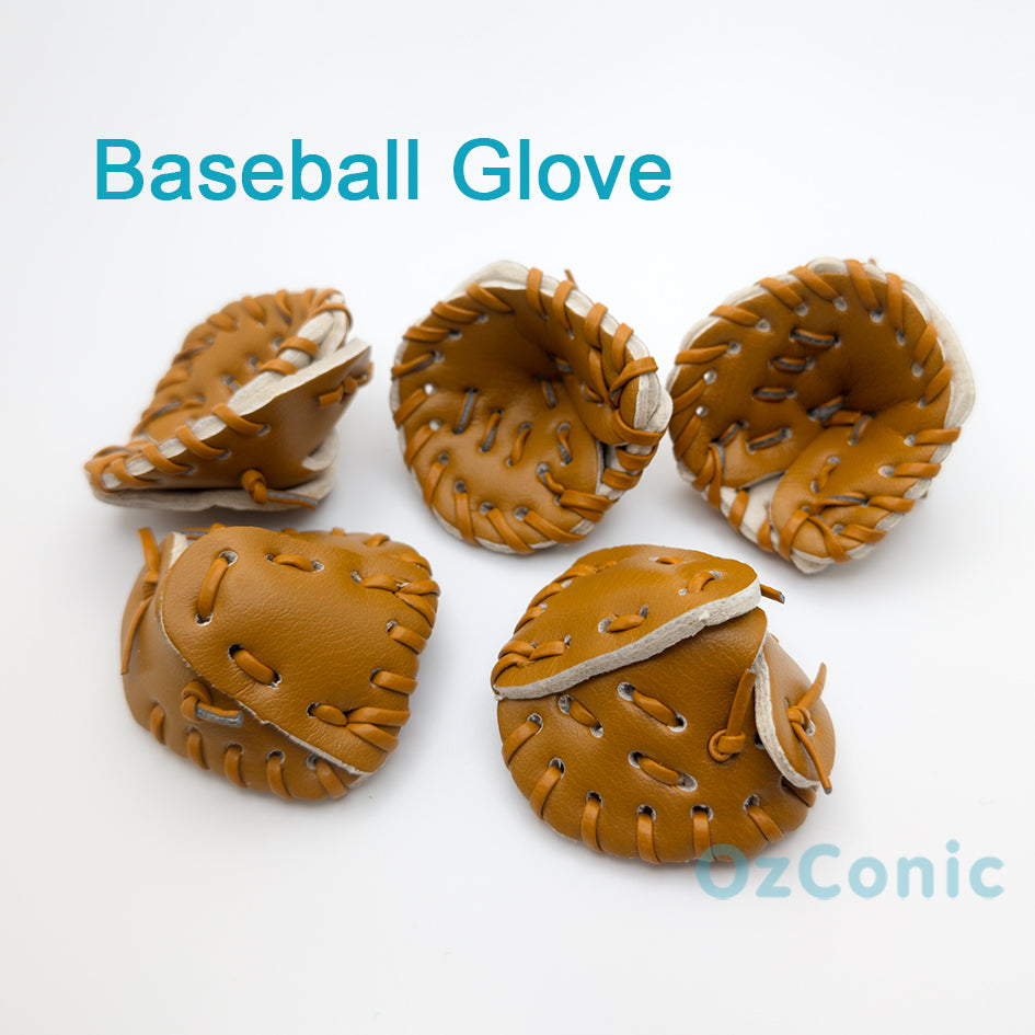 Five small brown leather baseball gloves on a white background with 'OzConic' branding.