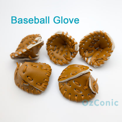 Five small brown leather baseball gloves on a white background with 'OzConic' branding.