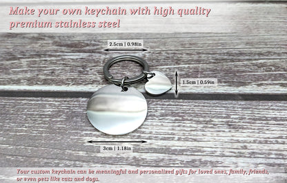 Keychain with heart and round design ,featuring measurements and text about high-quality stainless steel keychains.