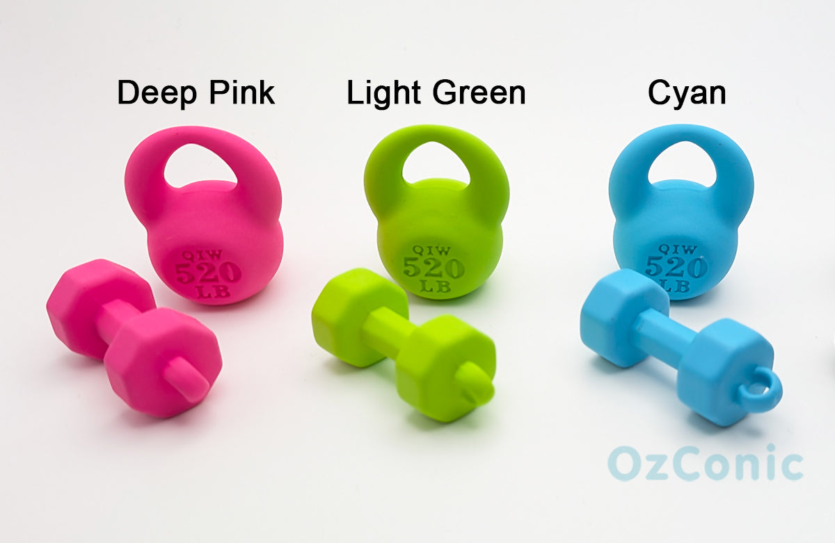 Color swatches of fitness equipment including pink, green, and blue  dumbbells, kettlebells