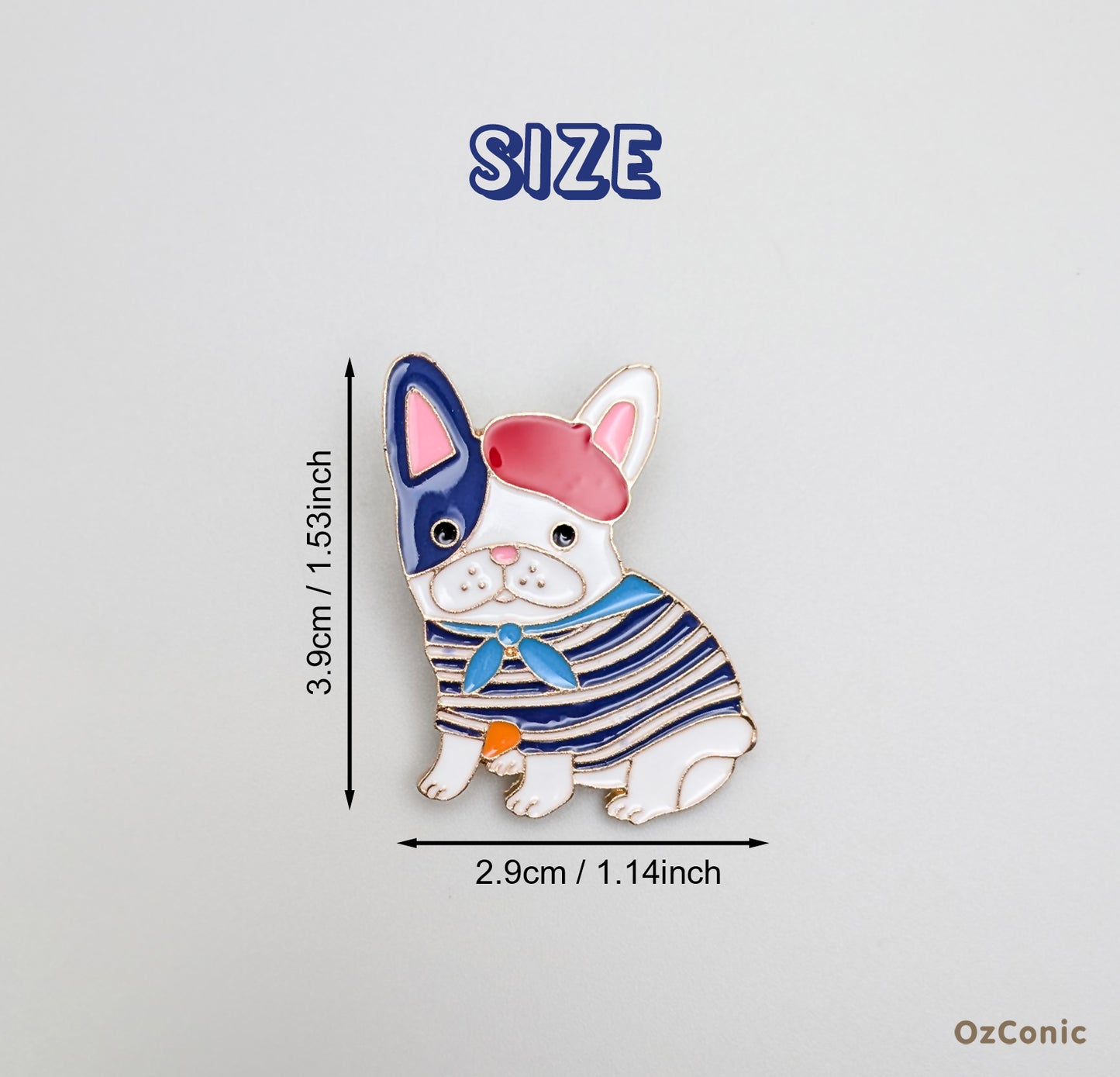 Pin with a dog design and size measurement