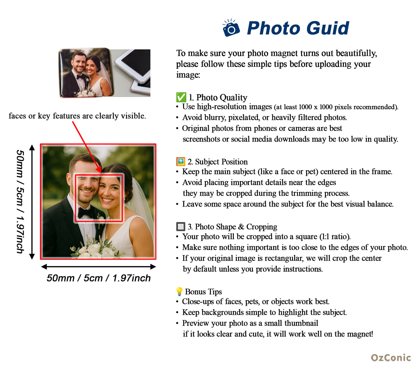 Customized 5cm(1.97inch) Square Photo, Pic Magnets, Display your precious memories here, Family, friends, furry friends, Characters, Art