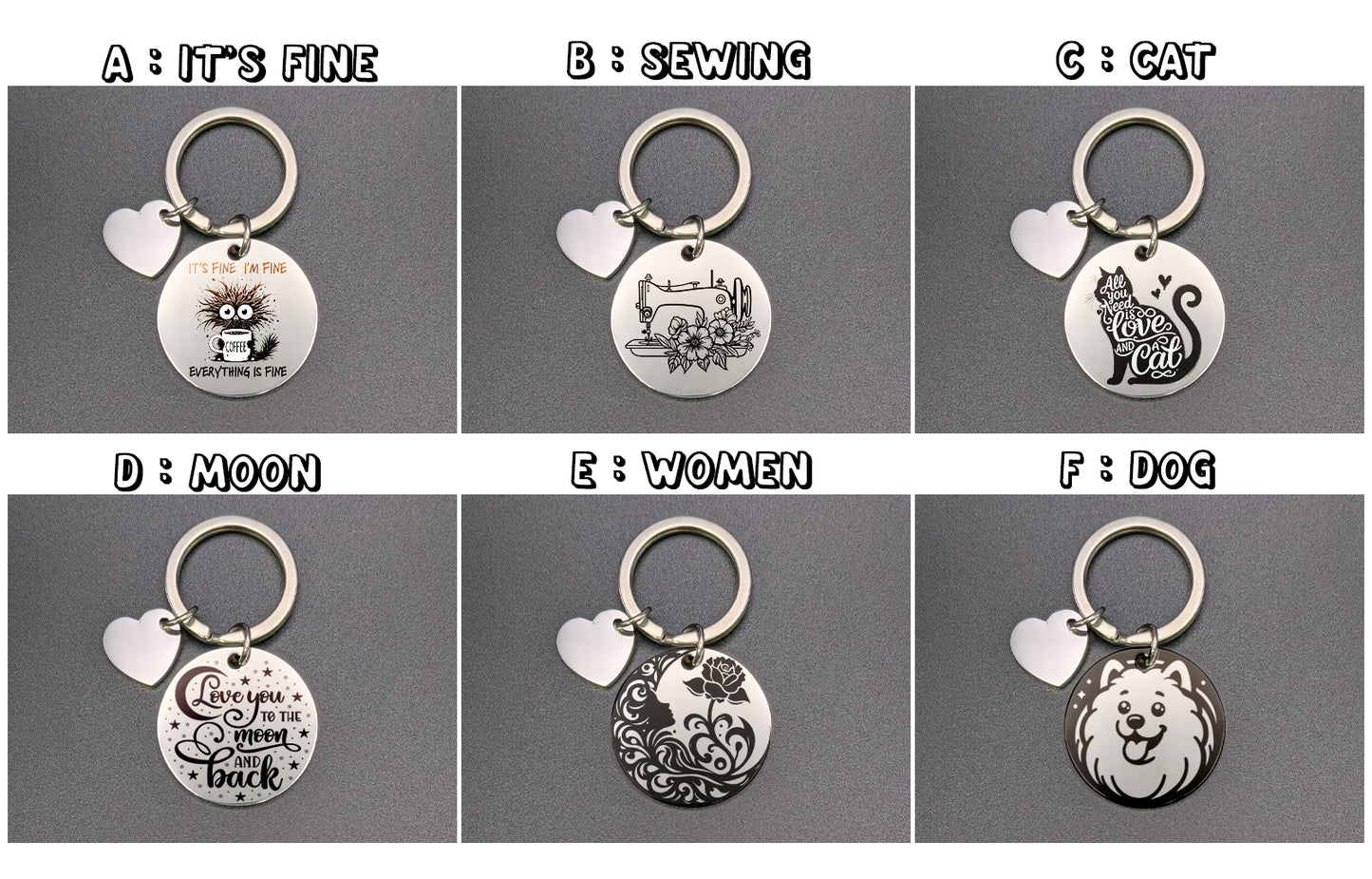 Set of six keychains with different designs