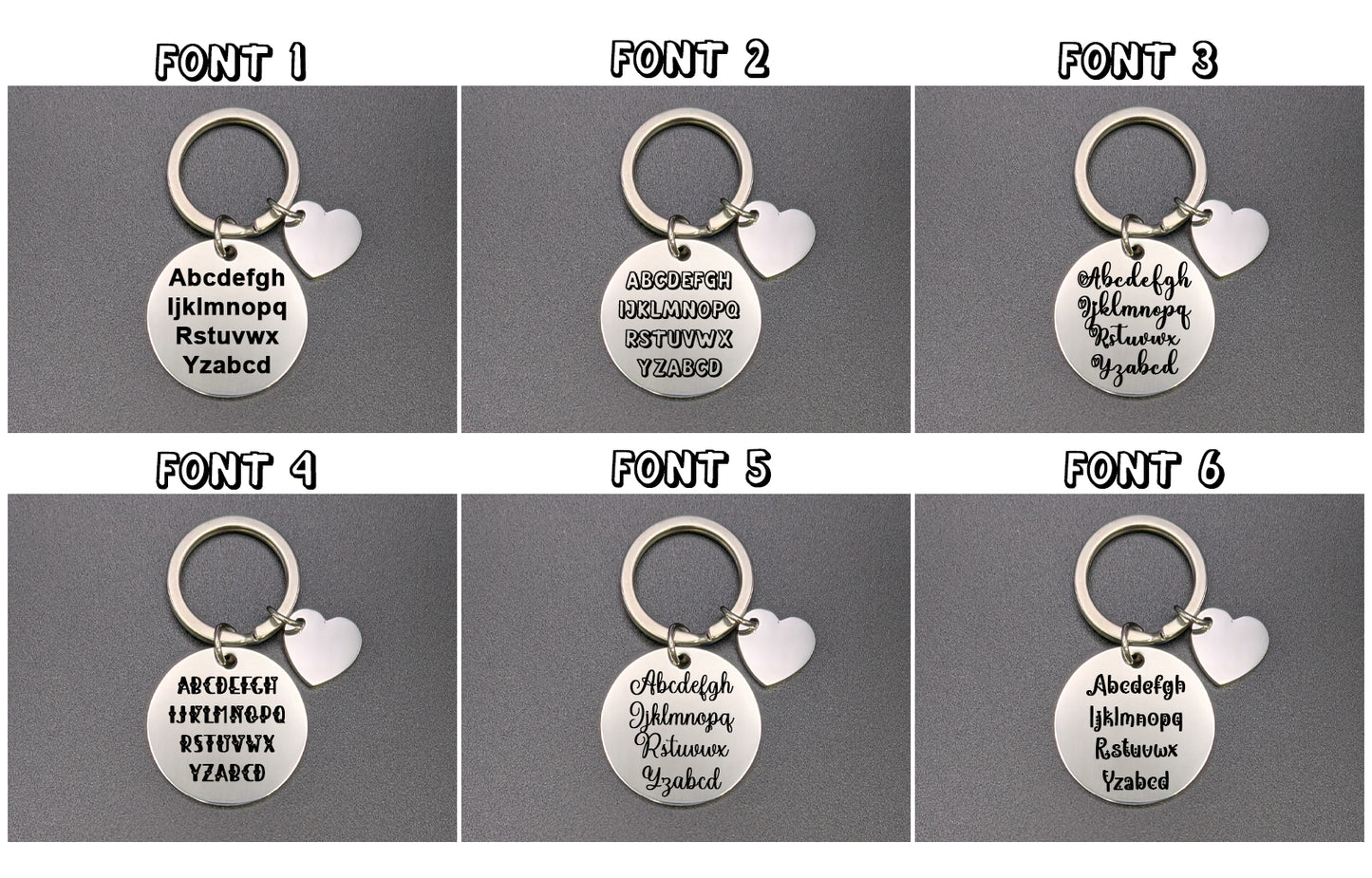 Six keychains with different letter fonts