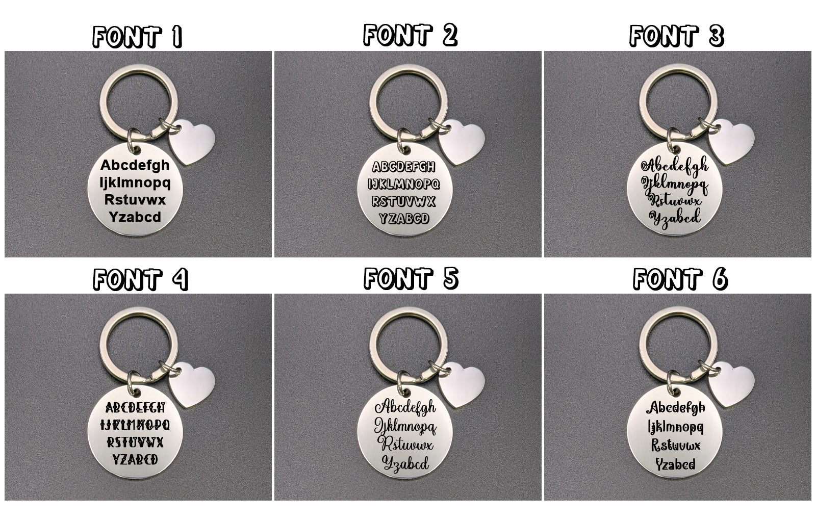 Six keychains with different letter fonts