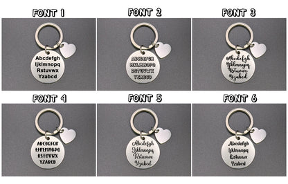 Six keychains with different letter fonts
