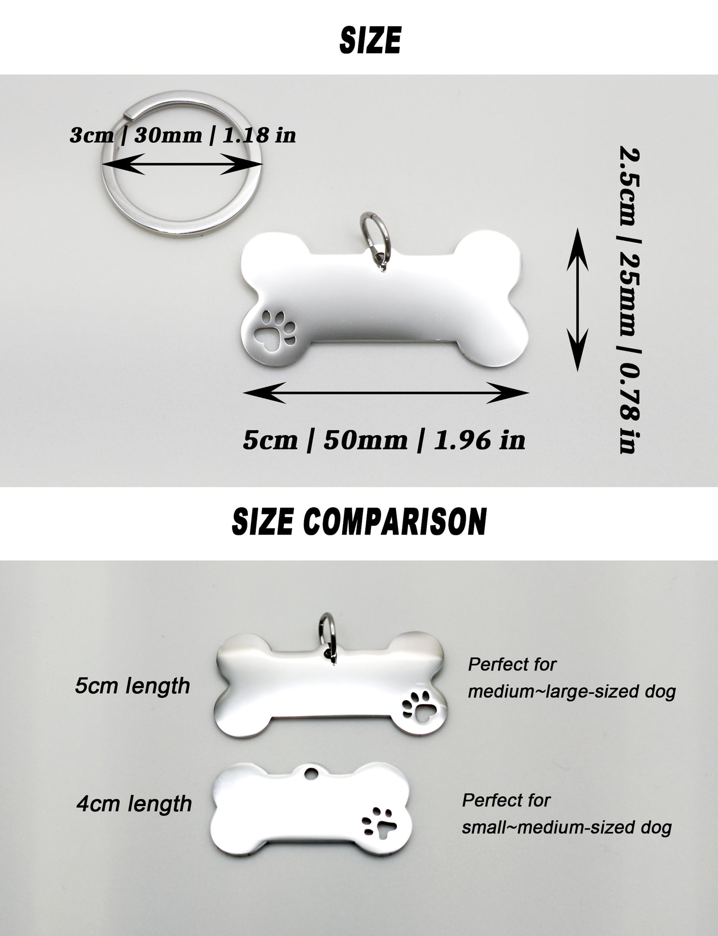 Personalized Bone + Paw Shaped Pet ID Tag: Laser Engraved Stainless Steel M or L Size