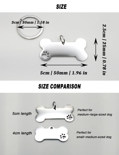 Personalized Bone + Paw Shaped Pet ID Tag: Laser Engraved Stainless Steel M or L Size