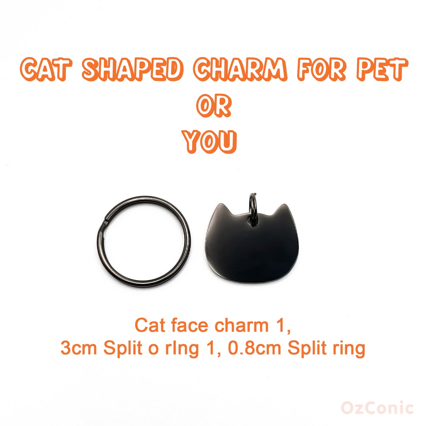 Personalized Cat Faced Black Charm: Engraved Stainless Steel Tag or Earring
