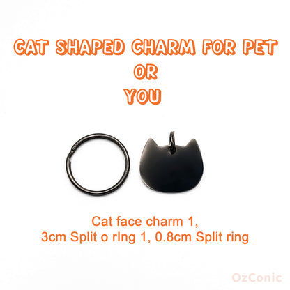 Personalized Cat Faced Black Charm: Engraved Stainless Steel Tag or Earring