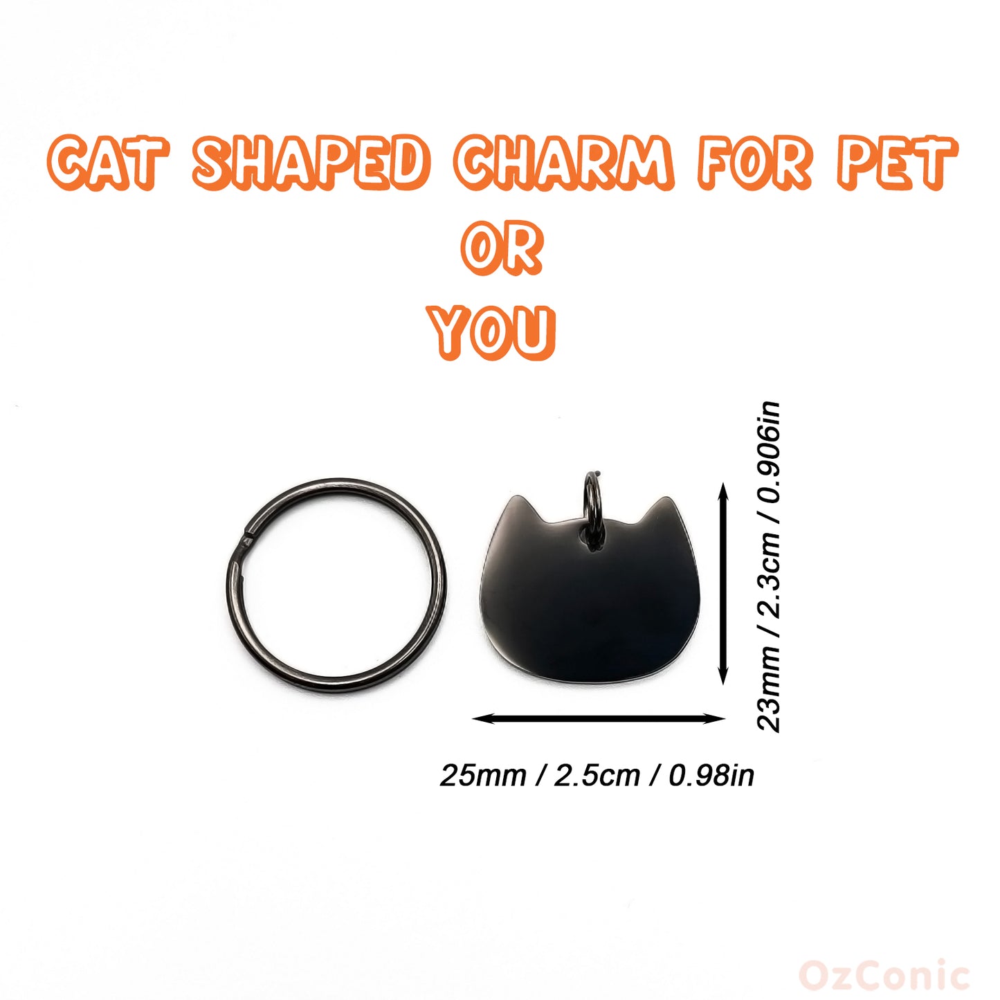 Personalized Cat Faced Black Charm: Engraved Stainless Steel Tag or Earring