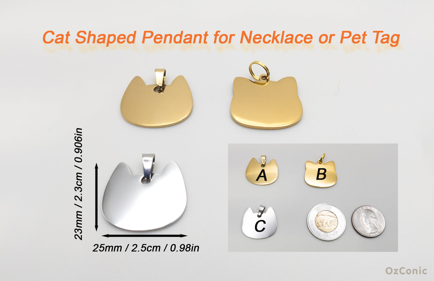Personalized Cute Cat shaped ID Charm Tag Stainless Steel, 2.5cm Pendant Laser Engraved, Gift, Necklace