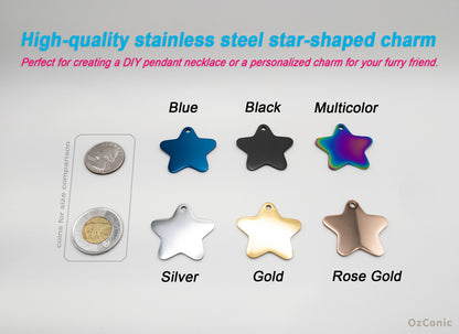 Personalized Star Shaped Pet ID Tag: Laser Engraved Stainless Steel Charm 3.5cm