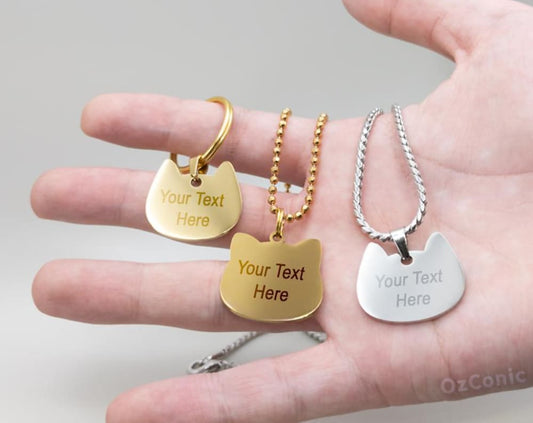Personalized Cute Cat shaped ID Charm Tag Stainless Steel, 2.5cm Pendant Laser Engraved, Gift, Necklace