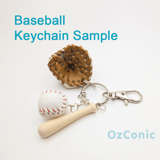 Baseball keychain with glove, baseball, and bat charm on a white background, branded 'OzConic'.